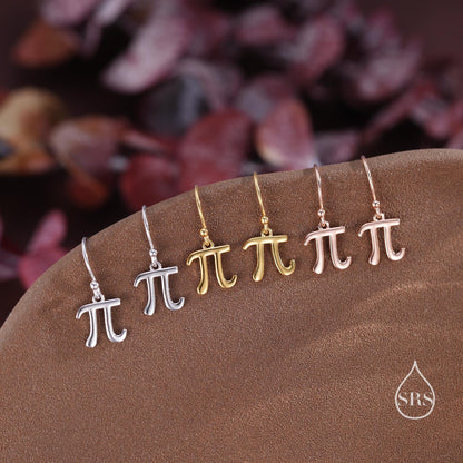 Sterling Silver Pi Drop Hook Earrings - Mathematical Earrings, Silver, Gold or Rose Gold, Math, Geeky, Fun, Whimsical, Pi Dangle Earrings