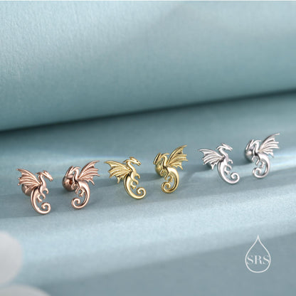 Internally Threaded Dragon Flat Back Earrings in Sterling Silver, Also available in Screw Back Stud Earrings Gold or Rose Gold