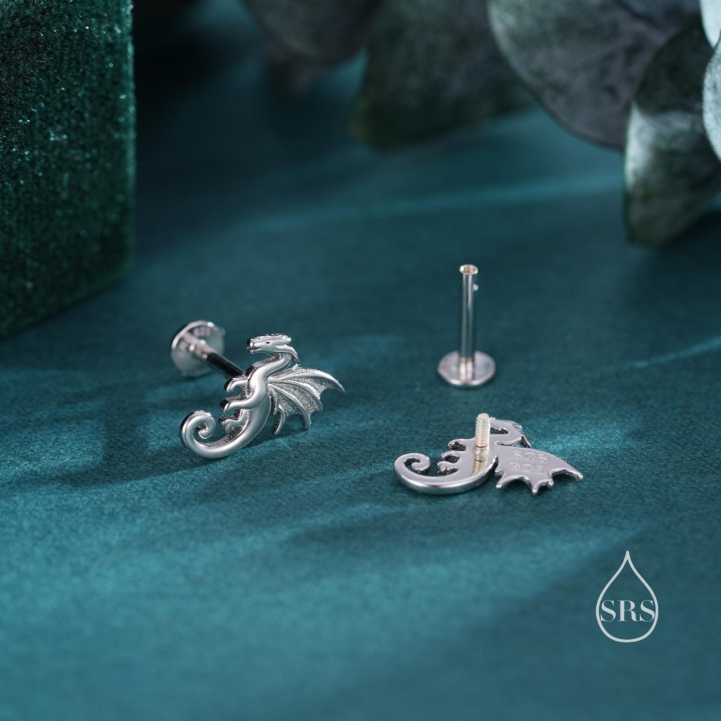 Internally Threaded Dragon Flat Back Earrings in Sterling Silver, Also available in Screw Back Stud Earrings Gold or Rose Gold