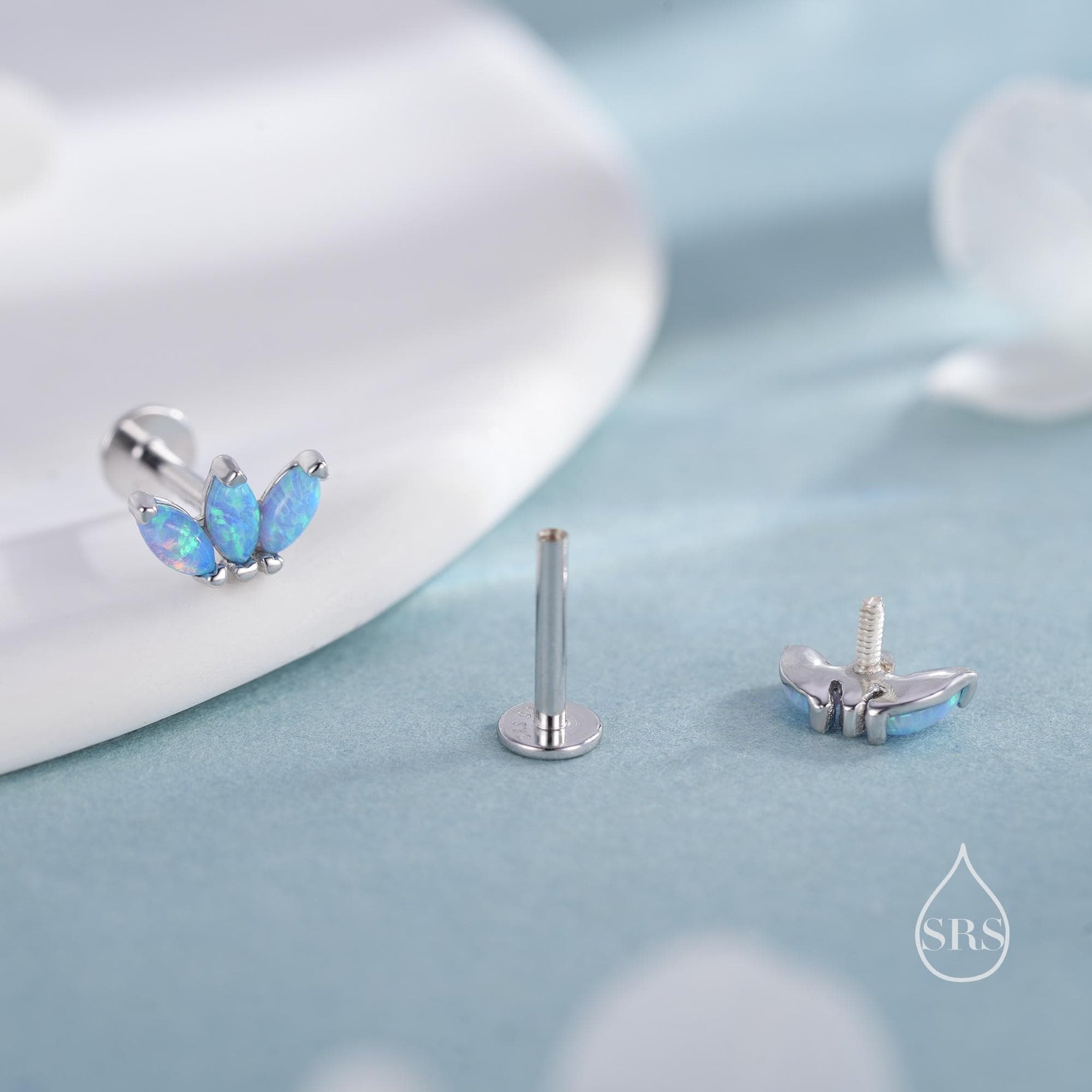 Sterling Silver Blue Opal Marquise Cluster Internally Threaded Flat Back/ Stud Earrings, Marquise Fan Stud, Silver or Gold