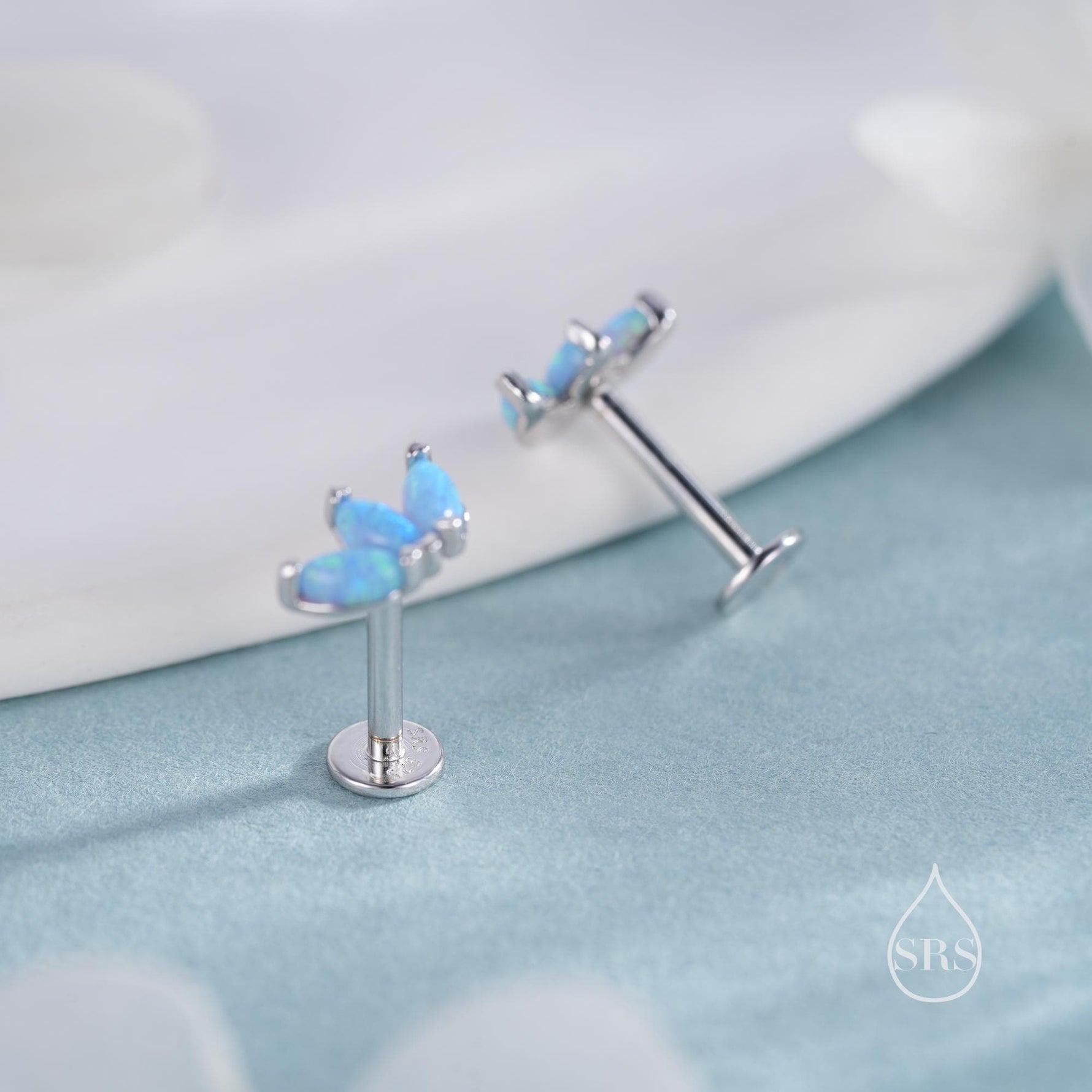 Sterling Silver Blue Opal Marquise Cluster Internally Threaded Flat Back/ Stud Earrings, Marquise Fan Stud, Silver or Gold