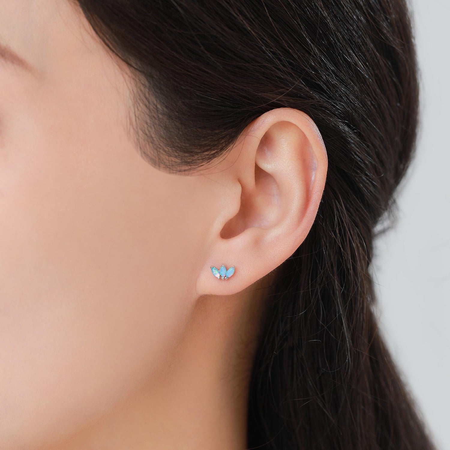 Sterling Silver Blue Opal Marquise Cluster Internally Threaded Flat Back/ Stud Earrings, Marquise Fan Stud, Silver or Gold