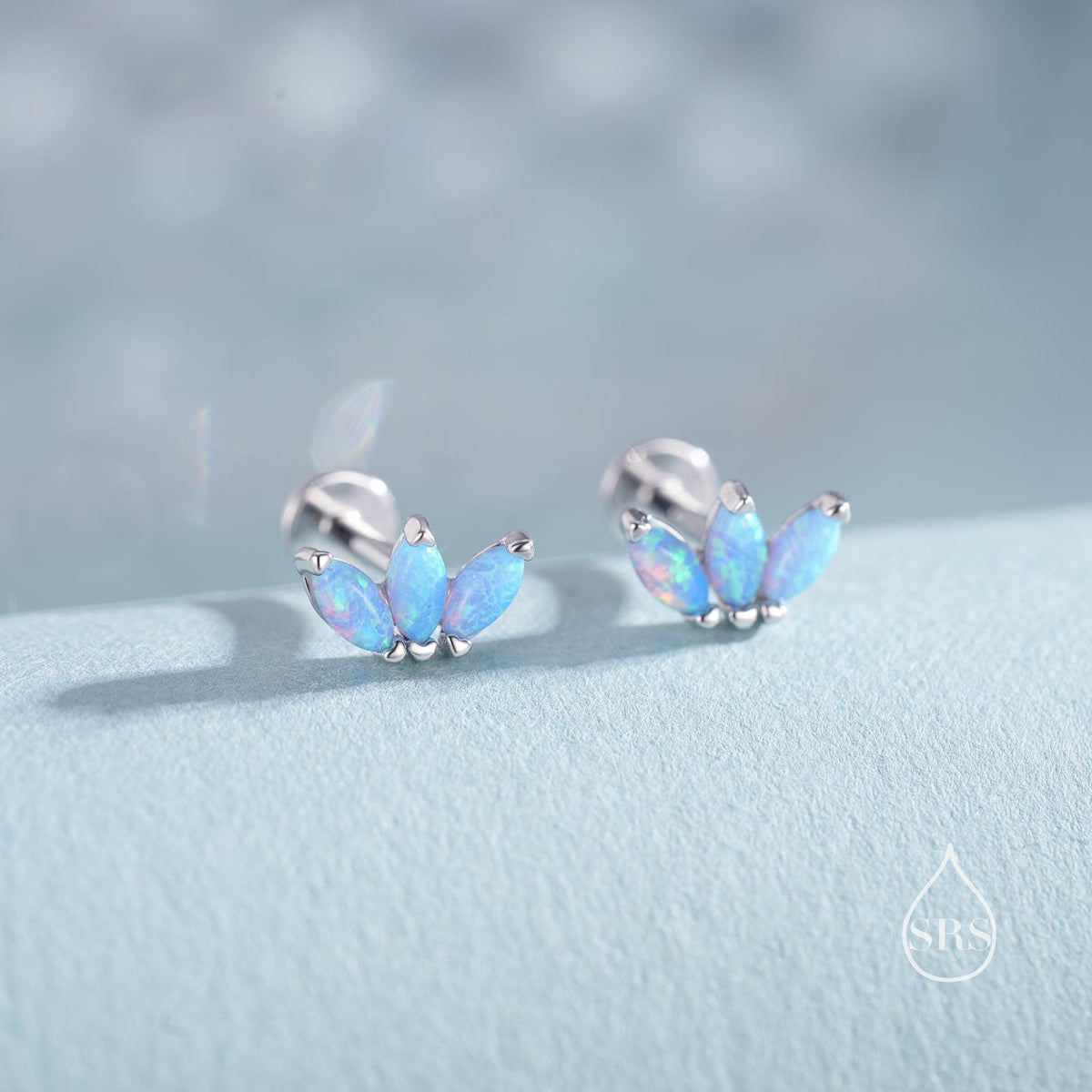 Sterling Silver Blue Opal Marquise Cluster Internally Threaded Flat Back/ Stud Earrings, Marquise Fan Stud, Silver or Gold
