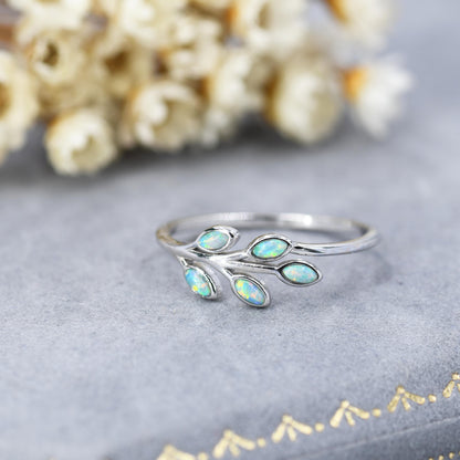 Aqua Green Opal Olive Leaf Ring in Sterling Silver, Silver or Gold, US 5 - 8 Olive Leaf Ring, Botanical Ring, Simulated Blue Opal Leaf Ring