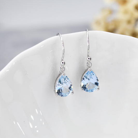 Topaz Blue CZ Droplet Drop Earrings in Sterling Silver, Pale Blue, Silver or Gold, Pear Shape 6x8mm Cubic Zirconia Hook Earrings