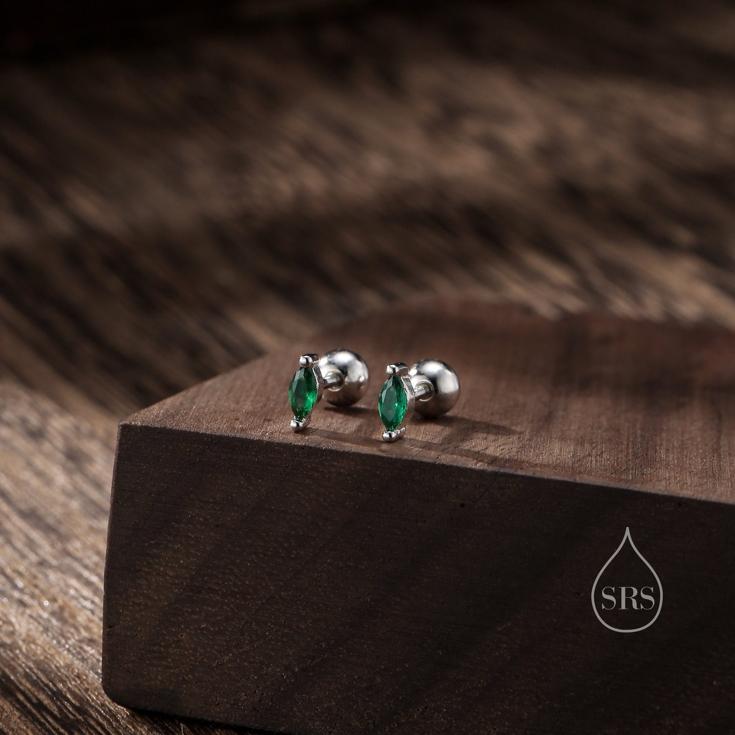 Tiny Emerald Green CZ Marquise Screw Back / Stud Earrings in Sterling Silver, Silver or Gold, Stacking Earrings, CZ Barbell Earrings, Helix