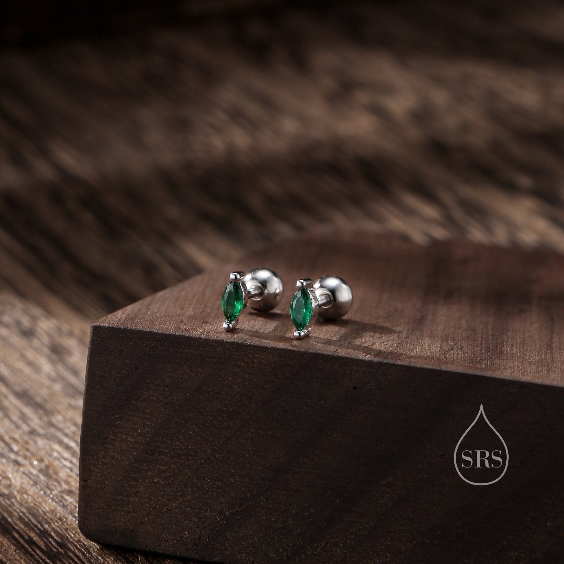 Tiny Emerald Green CZ Marquise Screw Back / Stud Earrings in Sterling Silver, Silver or Gold, Stacking Earrings, CZ Barbell Earrings, Helix