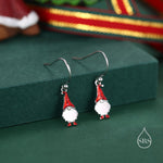 Tiny Gnome Drop Hook Earrings in Sterling Silver with Hand Painted Enamel, Winter Earrings, Snowman Earrings, Christmas Earrings