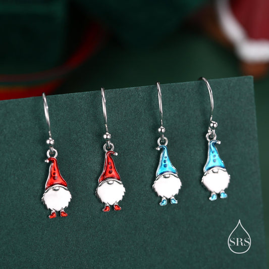 Tiny Gnome Drop Hook Earrings in Sterling Silver with Hand Painted Enamel, Winter Earrings, Snowman Earrings, Christmas Earrings