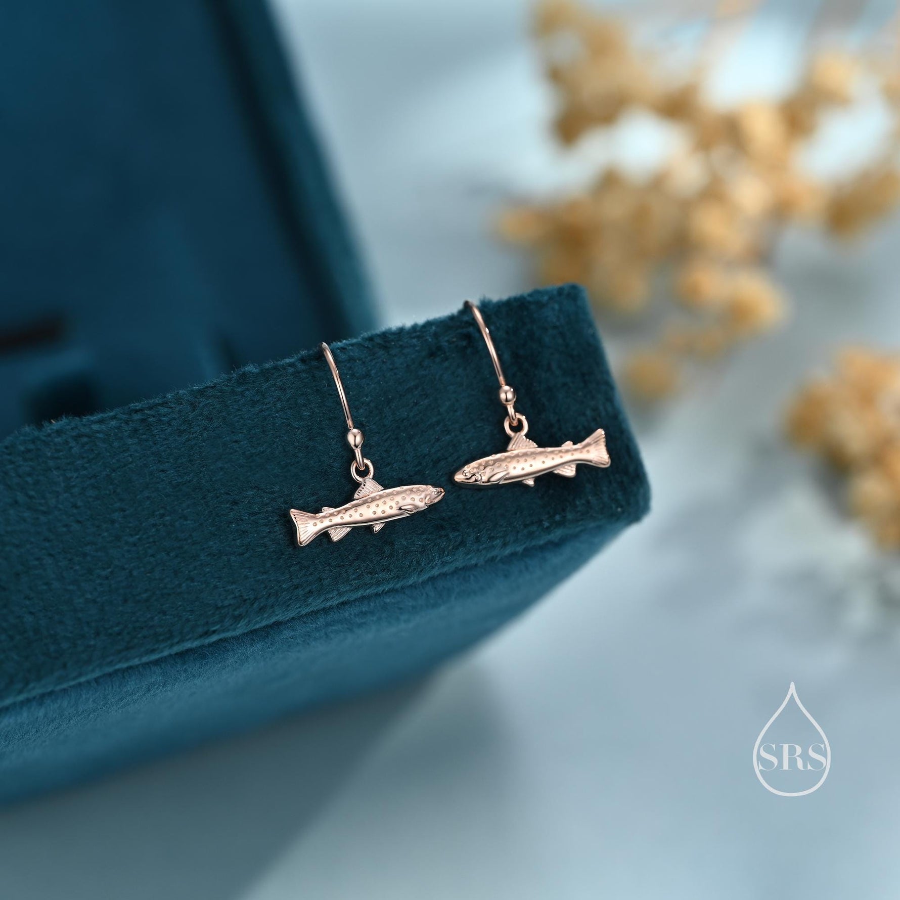 Trout Fish Drop Dangle Earrings in Sterling Silver, Silver or Gold or Rose Gold, Trout Fish Hook Earrings, Salmon Earrings