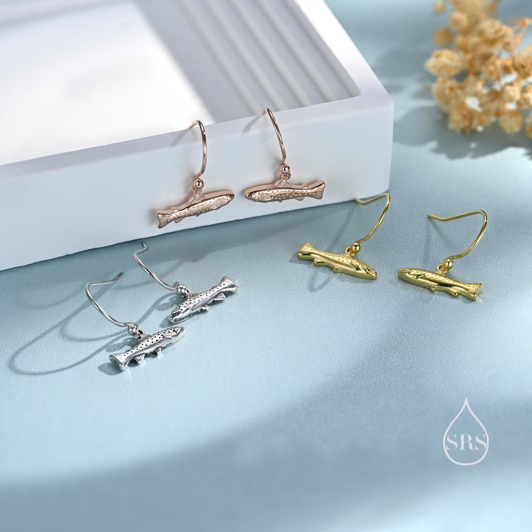 Trout Fish Drop Dangle Earrings in Sterling Silver, Silver or Gold or Rose Gold, Trout Fish Hook Earrings, Salmon Earrings