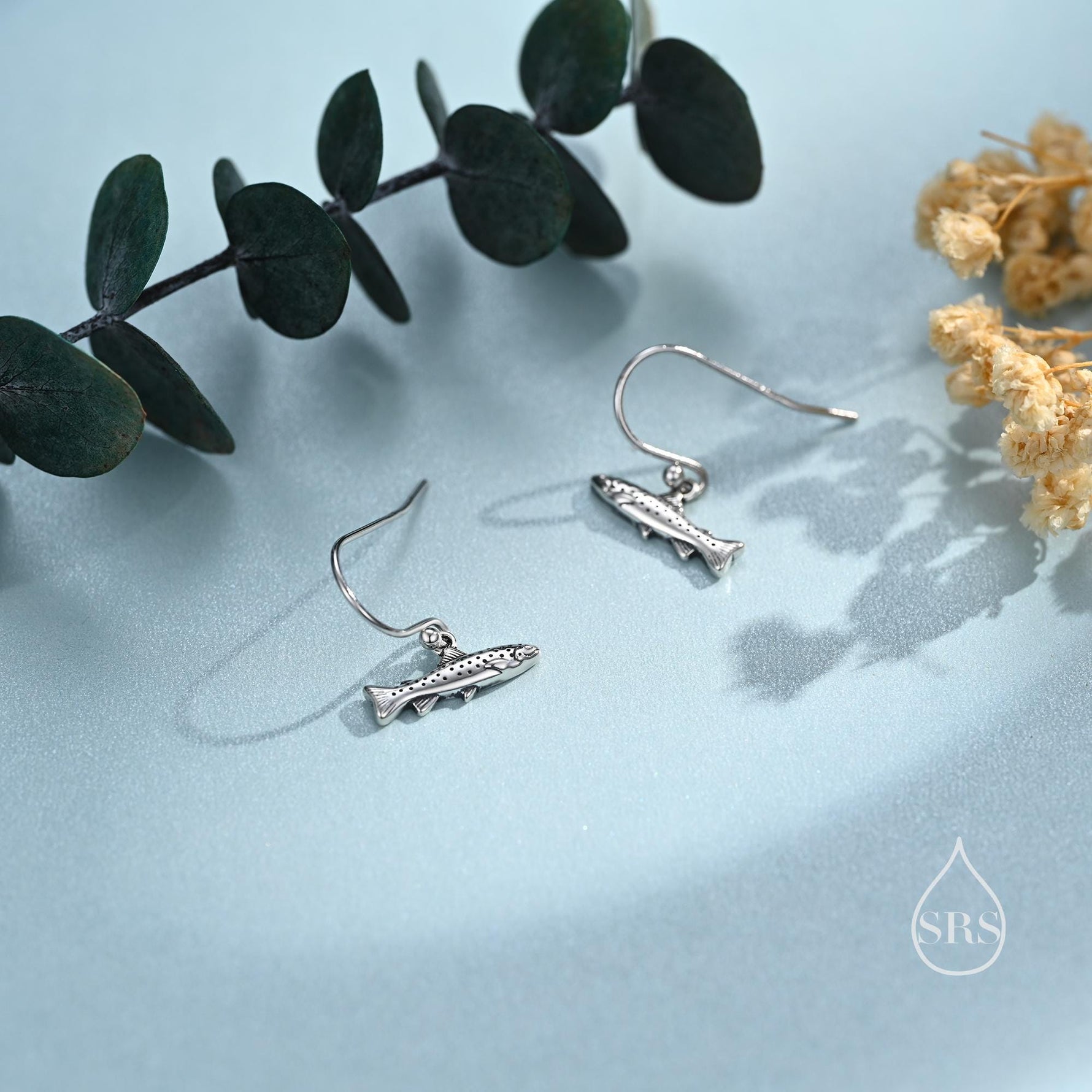 Trout Fish Drop Dangle Earrings in Sterling Silver, Silver or Gold or Rose Gold, Trout Fish Hook Earrings, Salmon Earrings