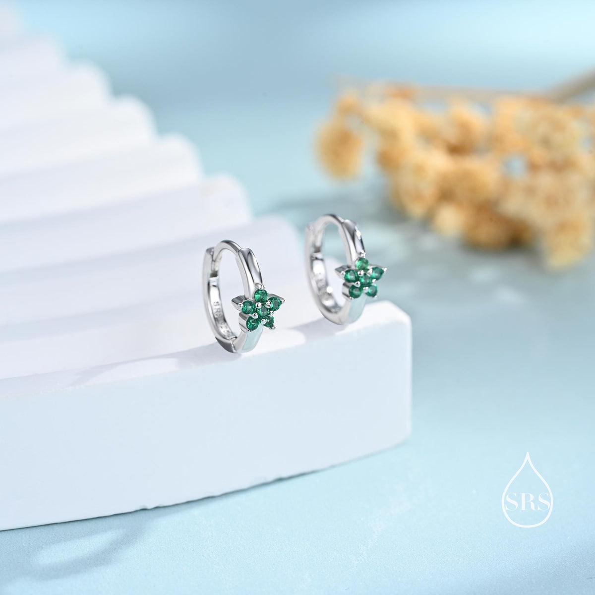 Tiny Emerald Green CZ Flower Huggie Hoops, CZ Hoop Earrings, Crystal Flower Huggie Earrings, Emerald Huggie Earrings