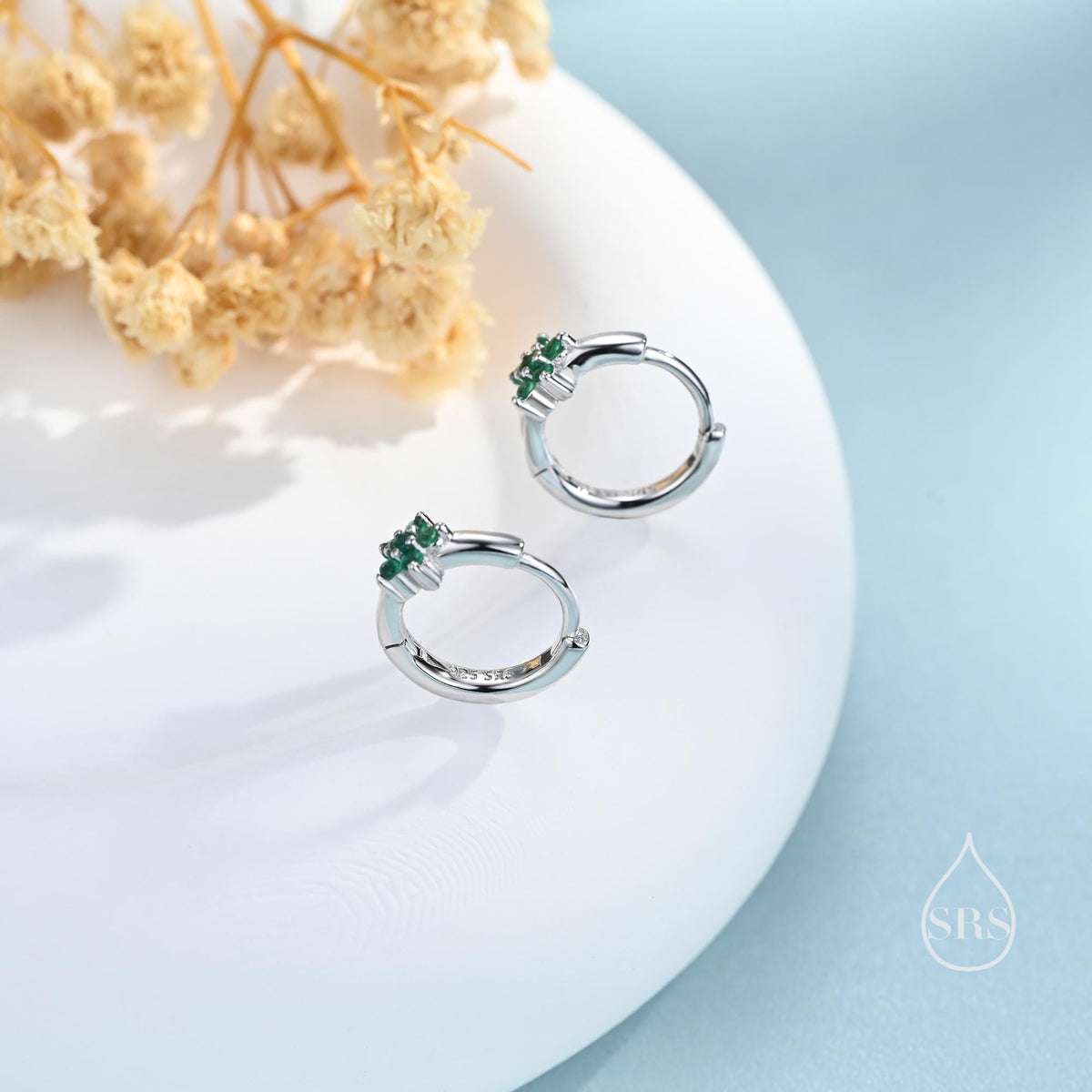 Tiny Emerald Green CZ Flower Huggie Hoops, CZ Hoop Earrings, Crystal Flower Huggie Earrings, Emerald Huggie Earrings