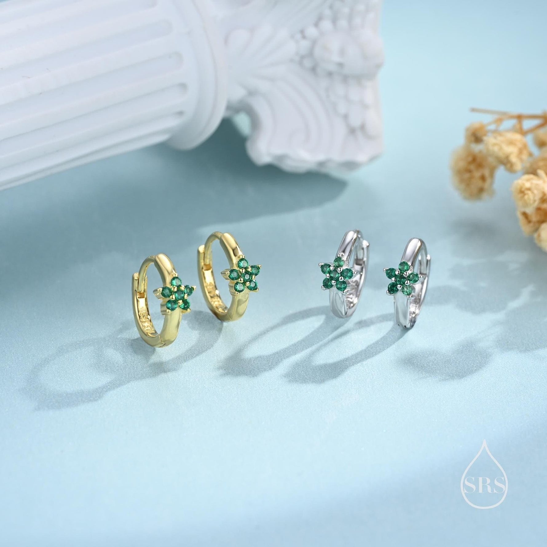 Tiny Emerald Green CZ Flower Huggie Hoops, CZ Hoop Earrings, Crystal Flower Huggie Earrings, Emerald Huggie Earrings