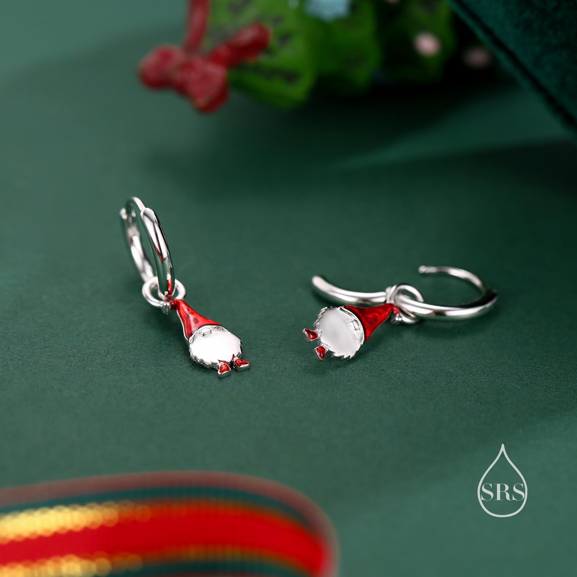 Mismatched Gnome Huggie Hoop Earrings in Sterling Silver with Hand Painted Enamel, Winter Earrings, Snowman Earrings, Christmas Earrings