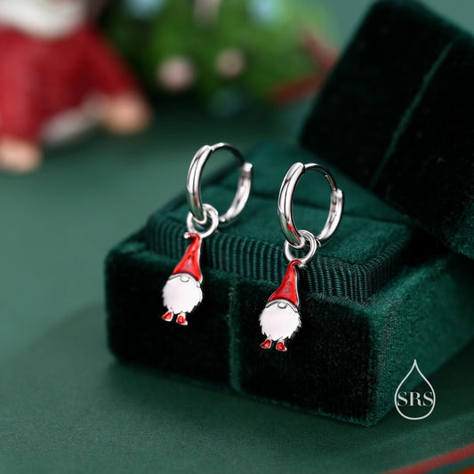 Tiny Gnome Huggie Hoop Earrings in Sterling Silver with Hand Painted Enamel, Winter Earrings, Snowman Earrings, Christmas Earrings