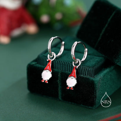 Mismatched Gnome Huggie Hoop Earrings in Sterling Silver with Hand Painted Enamel, Winter Earrings, Snowman Earrings, Christmas Earrings