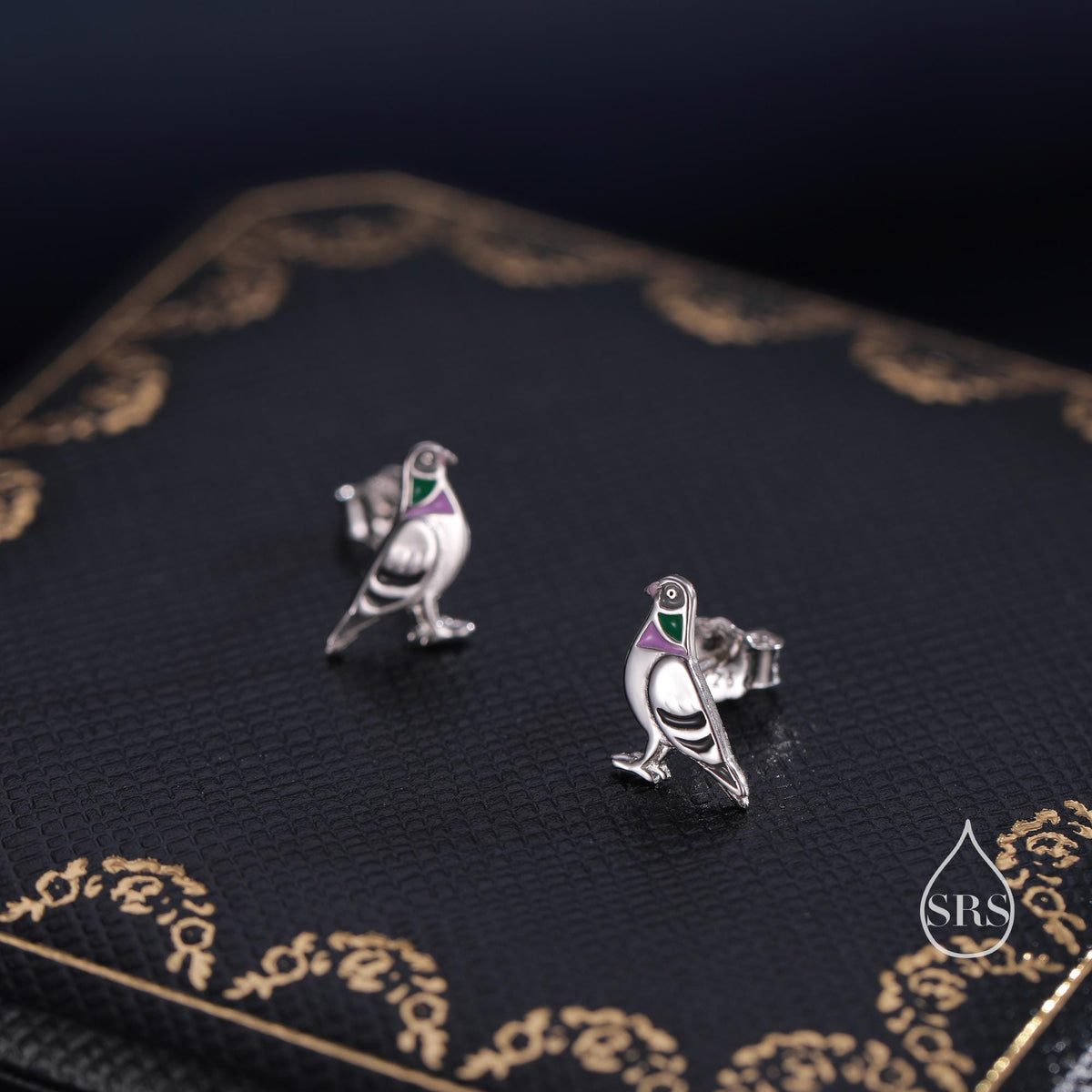 Tiny Sterling Silver Pigeon Bird Stud Earrings, Enamel Coated Pigeon Bird Earrings, Nature Inspired Animal Earrings