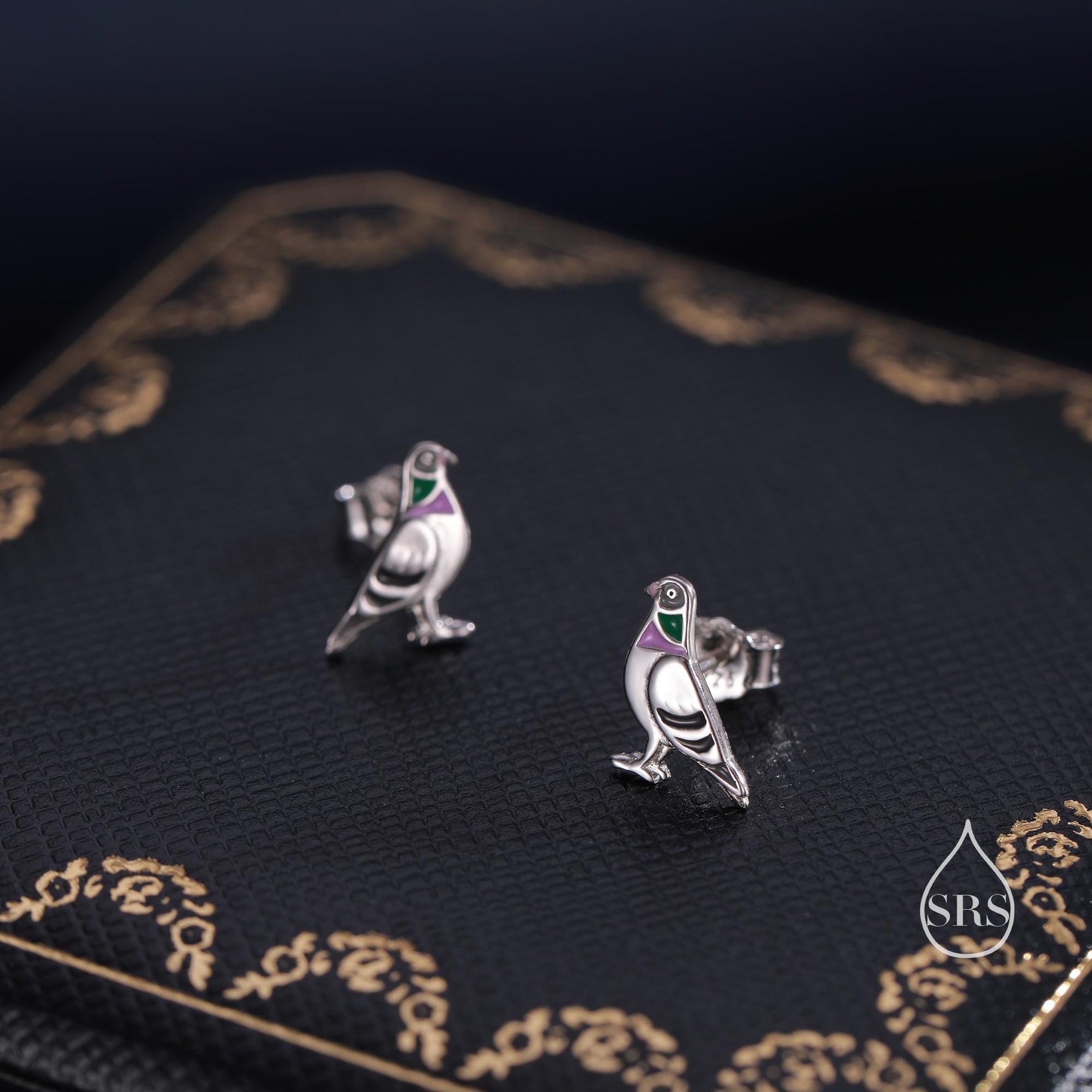 Tiny Sterling Silver Pigeon Bird Stud Earrings, Enamel Coated Pigeon Bird Earrings, Nature Inspired Animal Earrings