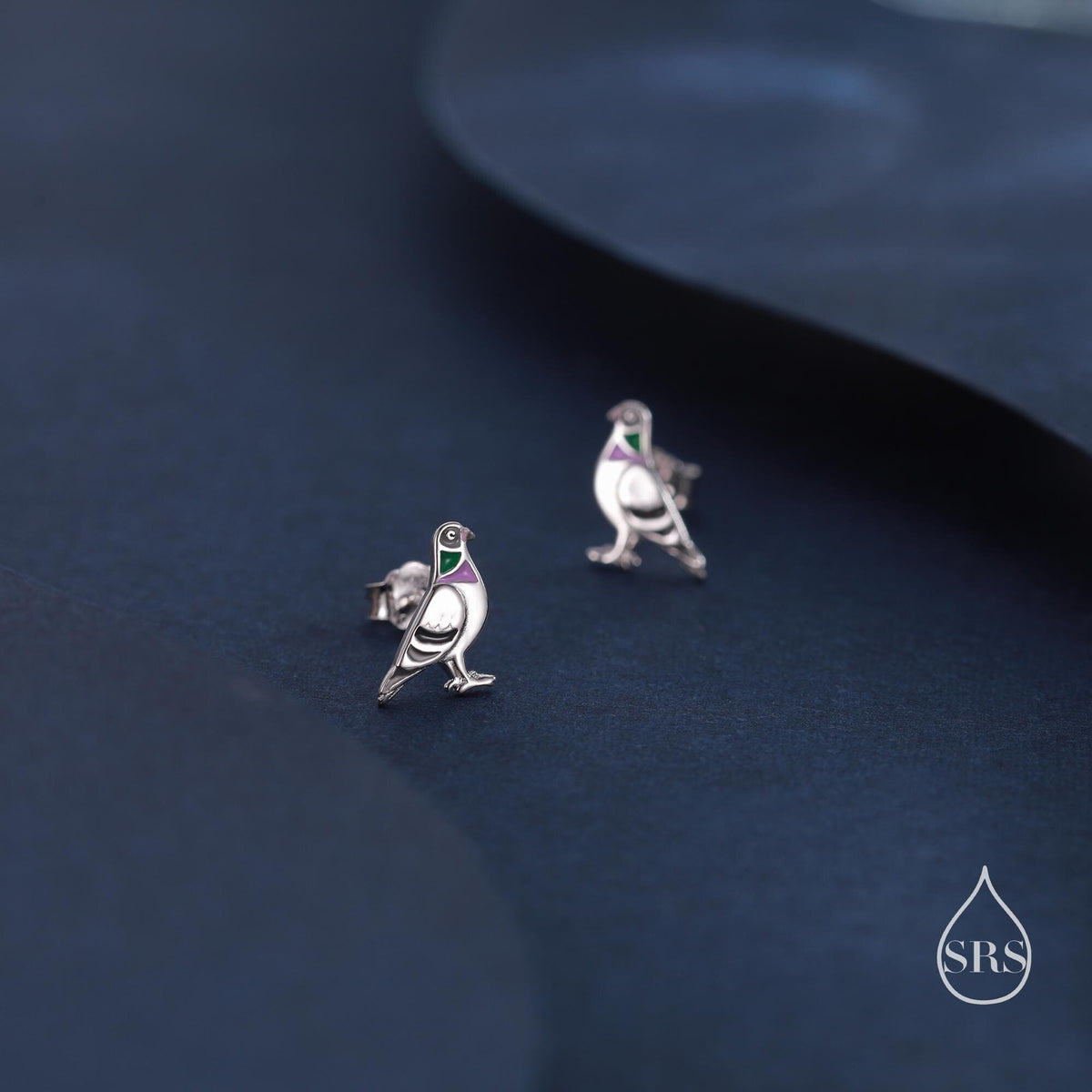 Tiny Sterling Silver Pigeon Bird Stud Earrings, Enamel Coated Pigeon Bird Earrings, Nature Inspired Animal Earrings
