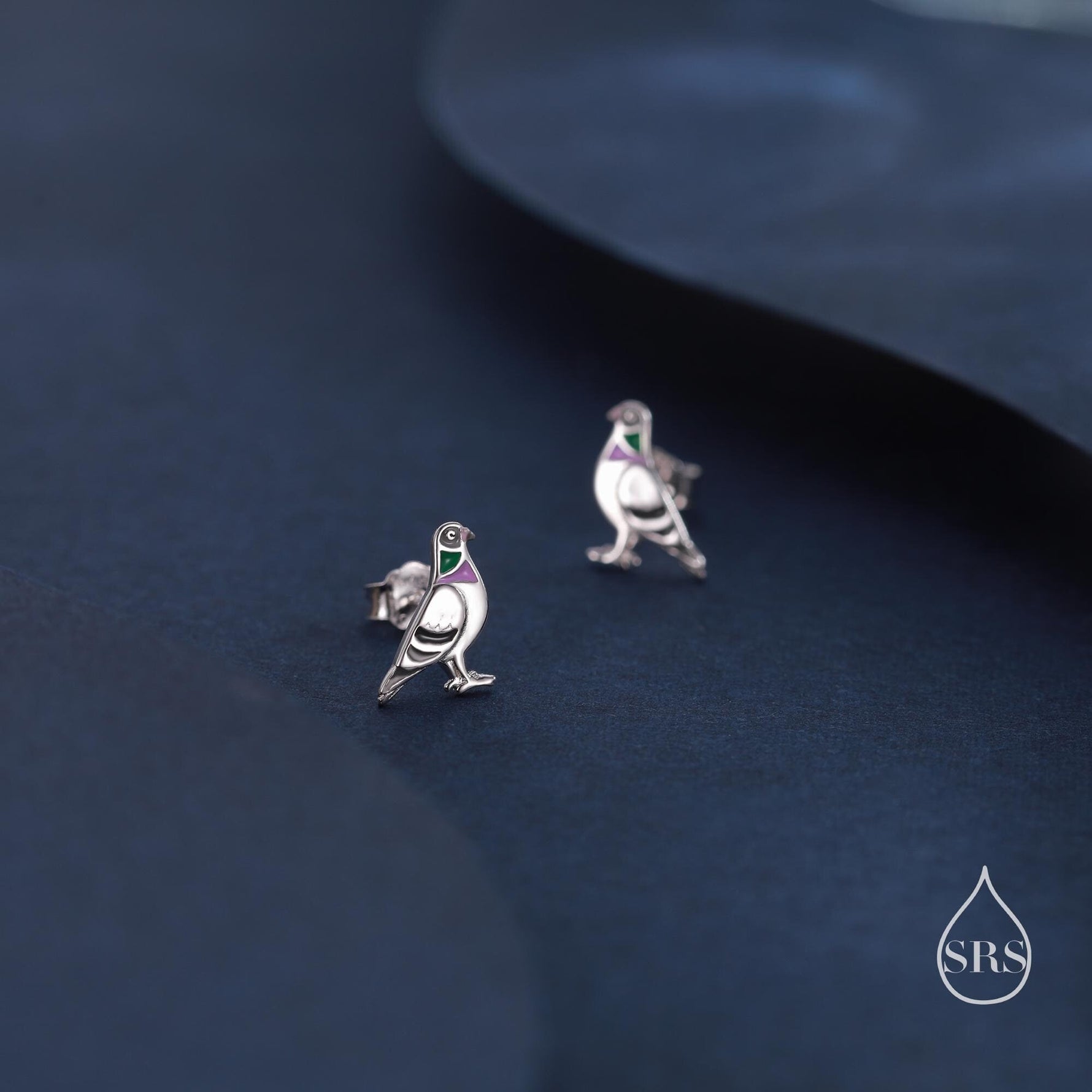 Tiny Sterling Silver Pigeon Bird Stud Earrings, Enamel Coated Pigeon Bird Earrings, Nature Inspired Animal Earrings