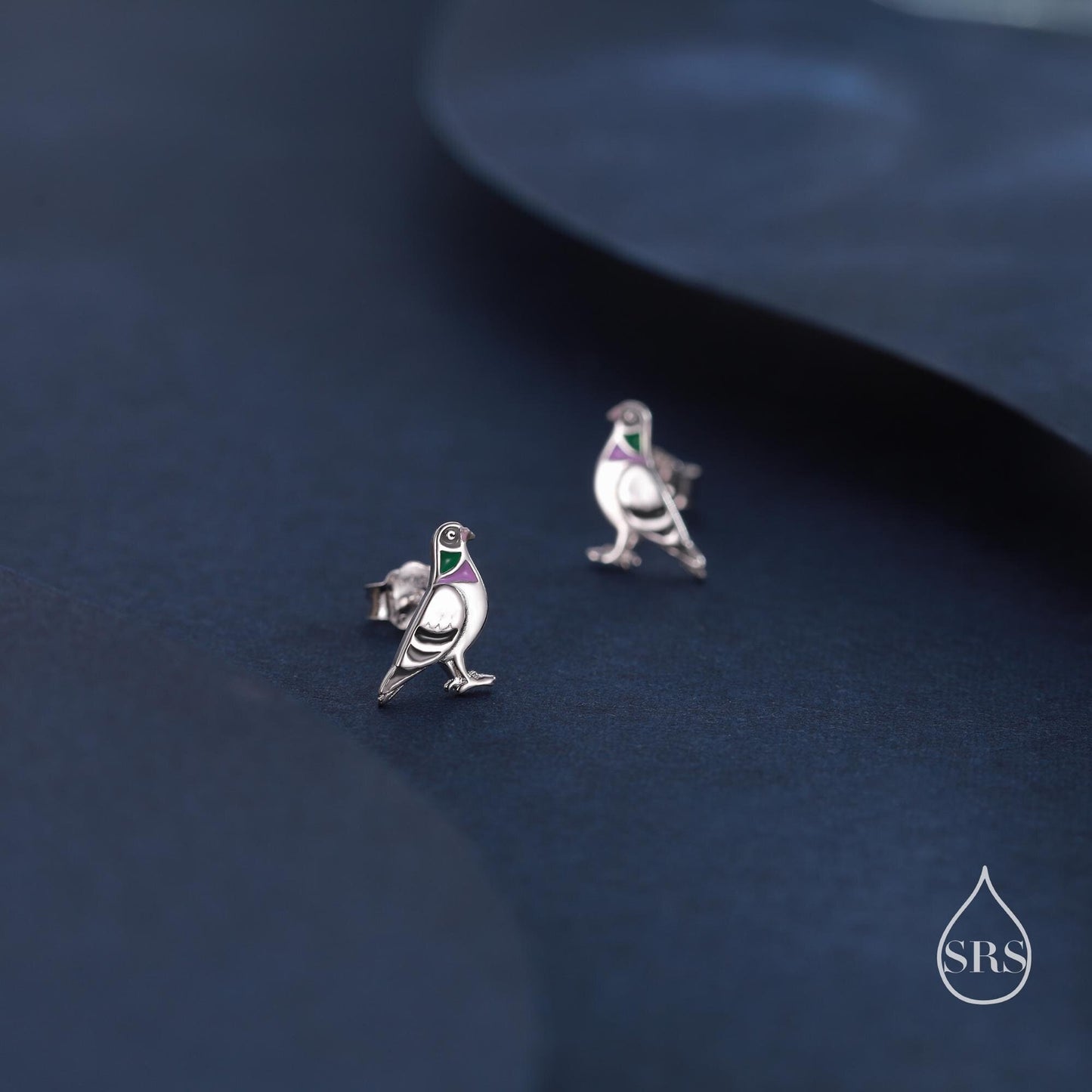 Quirky Mismatched Seagull and Pigeon Stud Earrings in Sterling Silver, Enamel Coated Pigeon Bird Earrings, Nature Inspired Animal Earrings