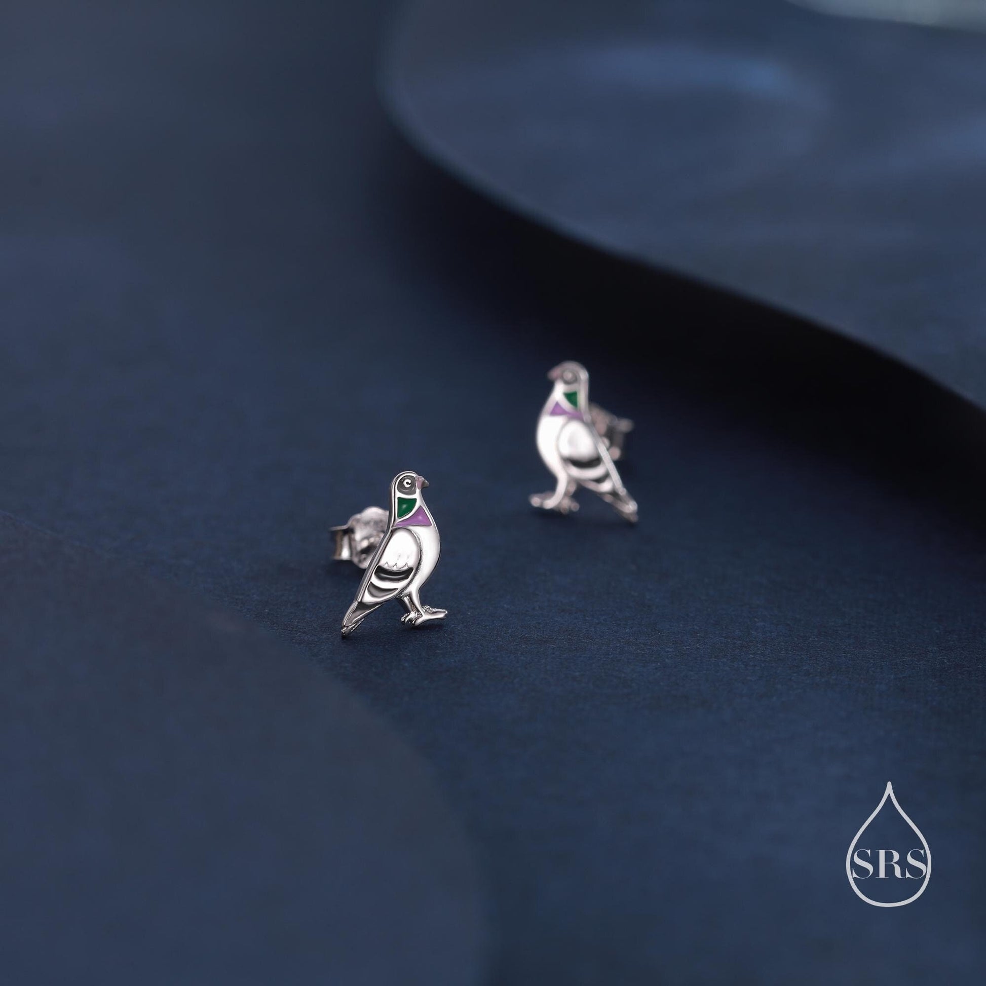 Quirky Mismatched Seagull and Pigeon Stud Earrings in Sterling Silver, Enamel Coated Pigeon Bird Earrings, Nature Inspired Animal Earrings