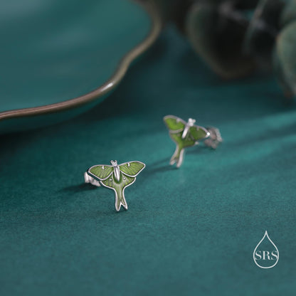 Lunar Moth Enamel Flat Back / Screw Back/ Stud Earrings in Sterling Silver, Green Enamel Butterfly Earrings, Nature-Inspired Animal Earring