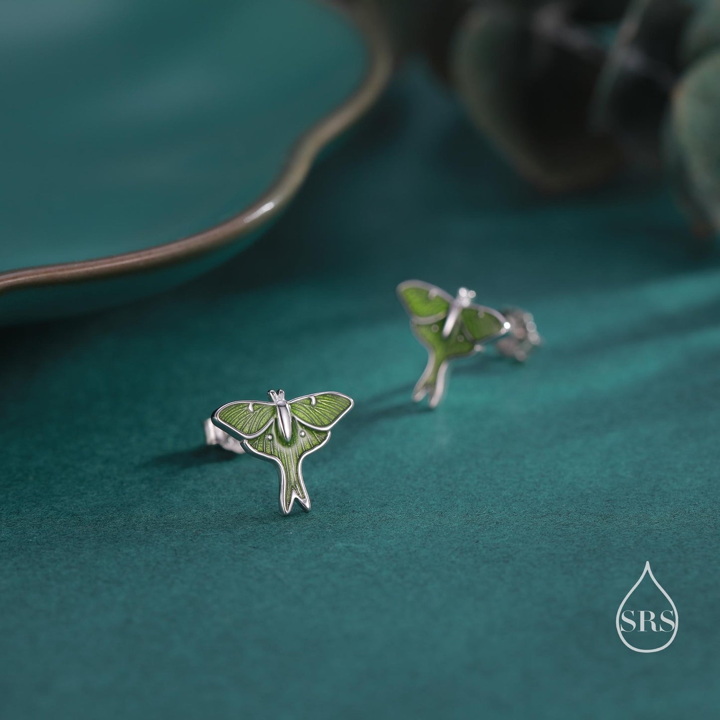 Lunar Moth Enamel Stud Earrings in Sterling Silver, Green Enamel Butterfly Earrings, Insect Earrings, Nature Inspired Animal Earrings