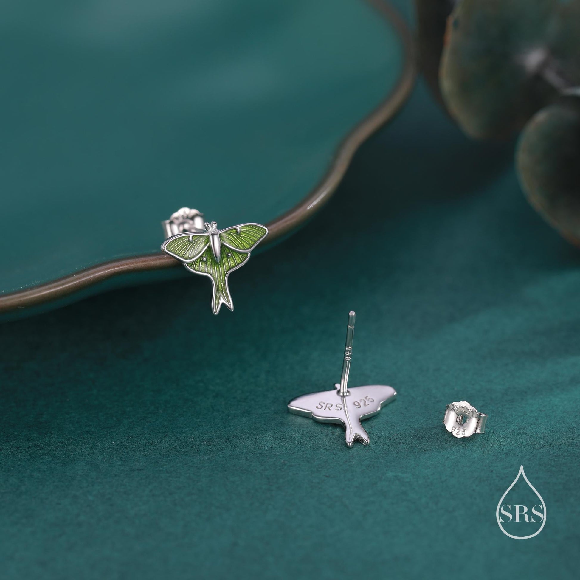 Lunar Moth Enamel Stud Earrings in Sterling Silver, Green Enamel Butterfly Earrings, Insect Earrings, Nature Inspired Animal Earrings
