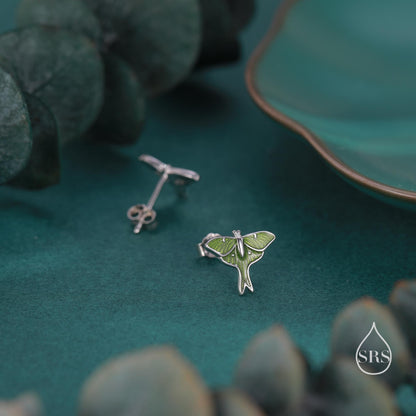 Lunar Moth Enamel Flat Back / Screw Back/ Stud Earrings in Sterling Silver, Green Enamel Butterfly Earrings, Nature-Inspired Animal Earring