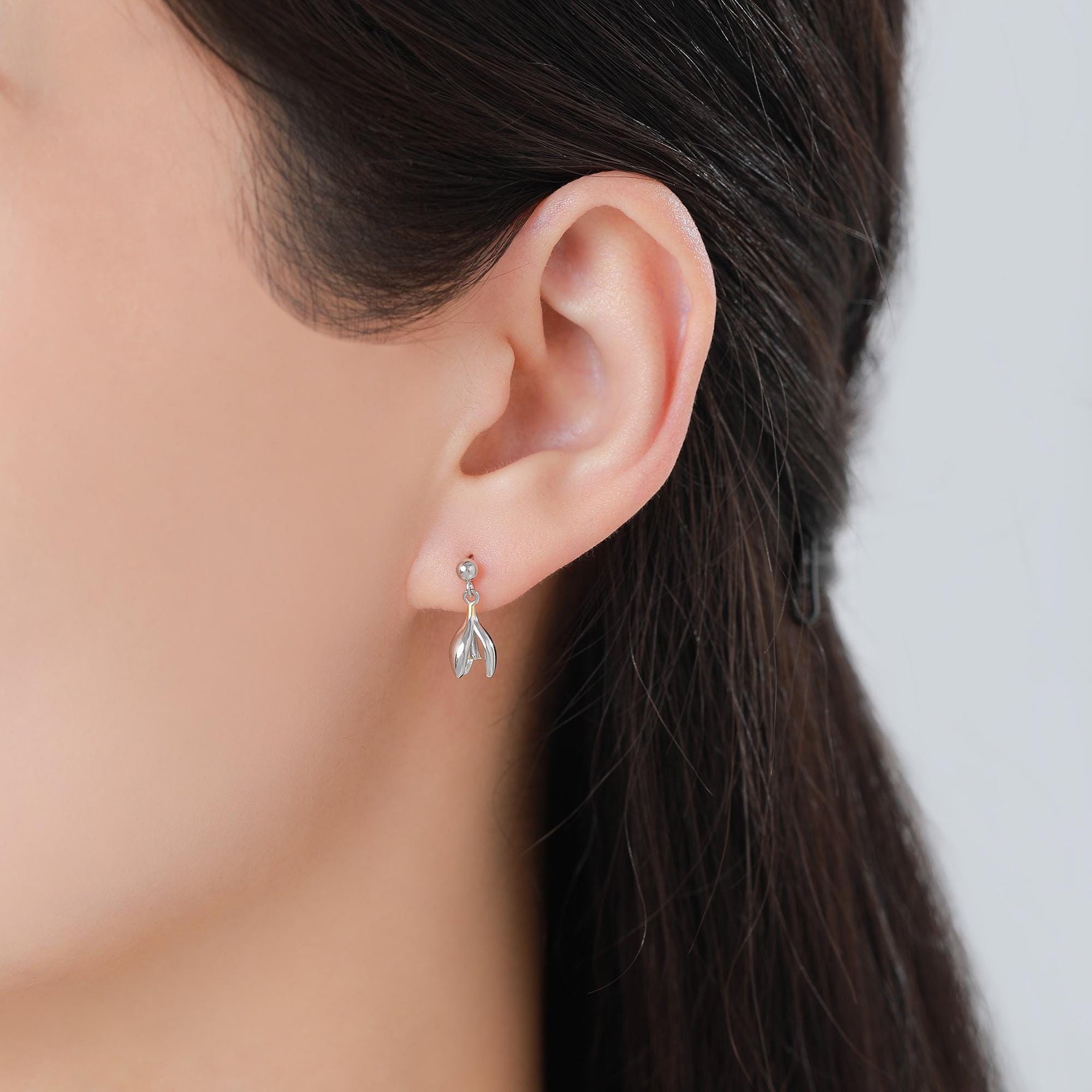 Snowdrop Flower Drop Dangle Earrings in Sterling Silver, Silver and Gold Two Tone, Nature Inspired Flower Earrings, January Birth Flower