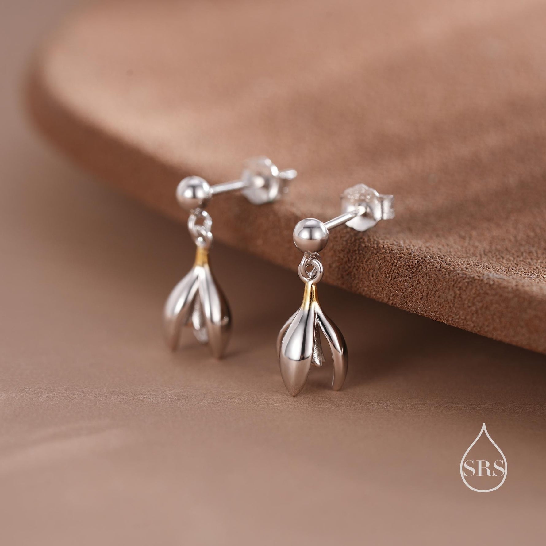 Snowdrop Flower Drop Dangle Earrings in Sterling Silver, Silver and Gold Two Tone, Nature Inspired Flower Earrings, January Birth Flower