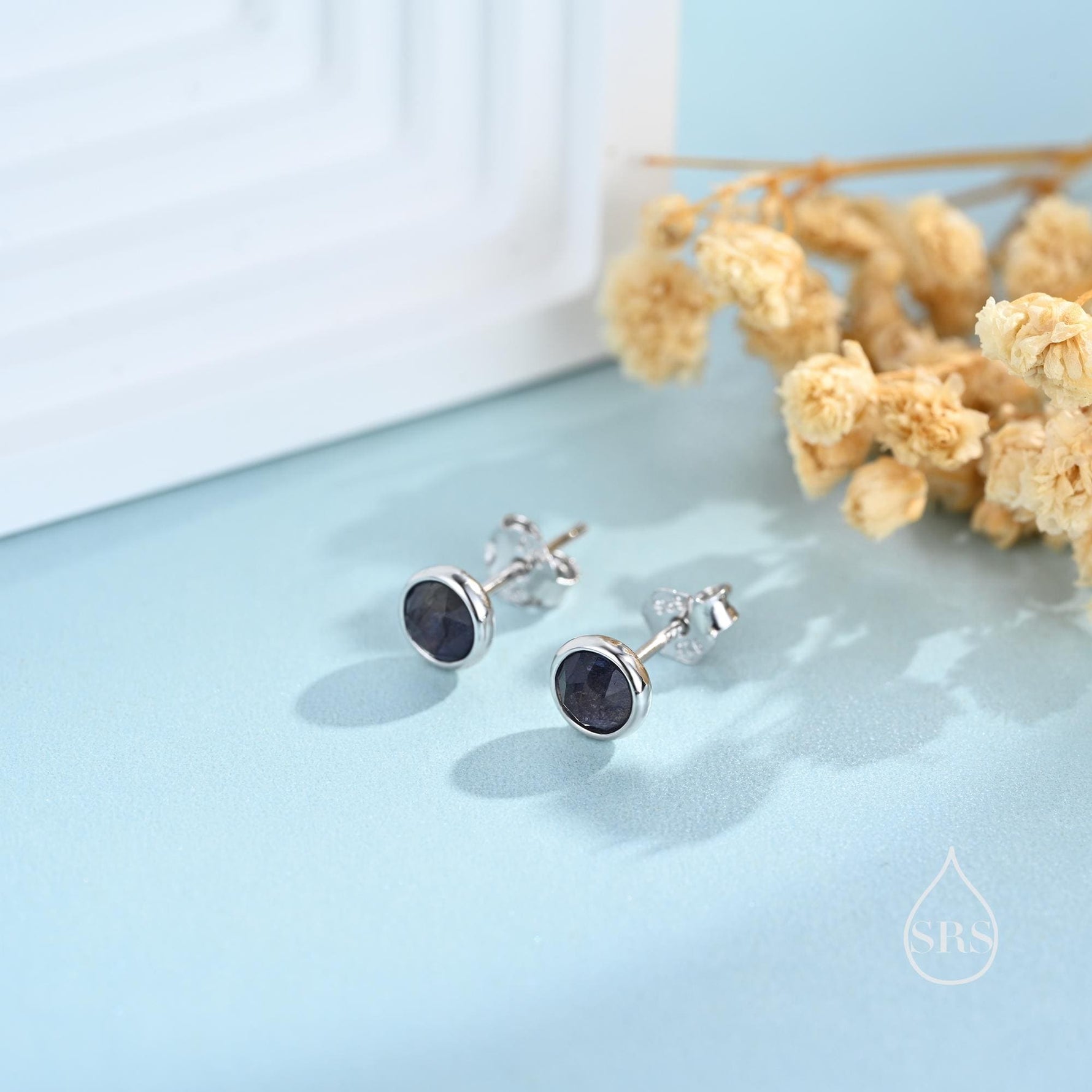 Sterling Silver Dark Iolite Stud Earrings in Sterling Silver, Bezel Set and Rose Cut Iolite, Natural liolite Earrings,