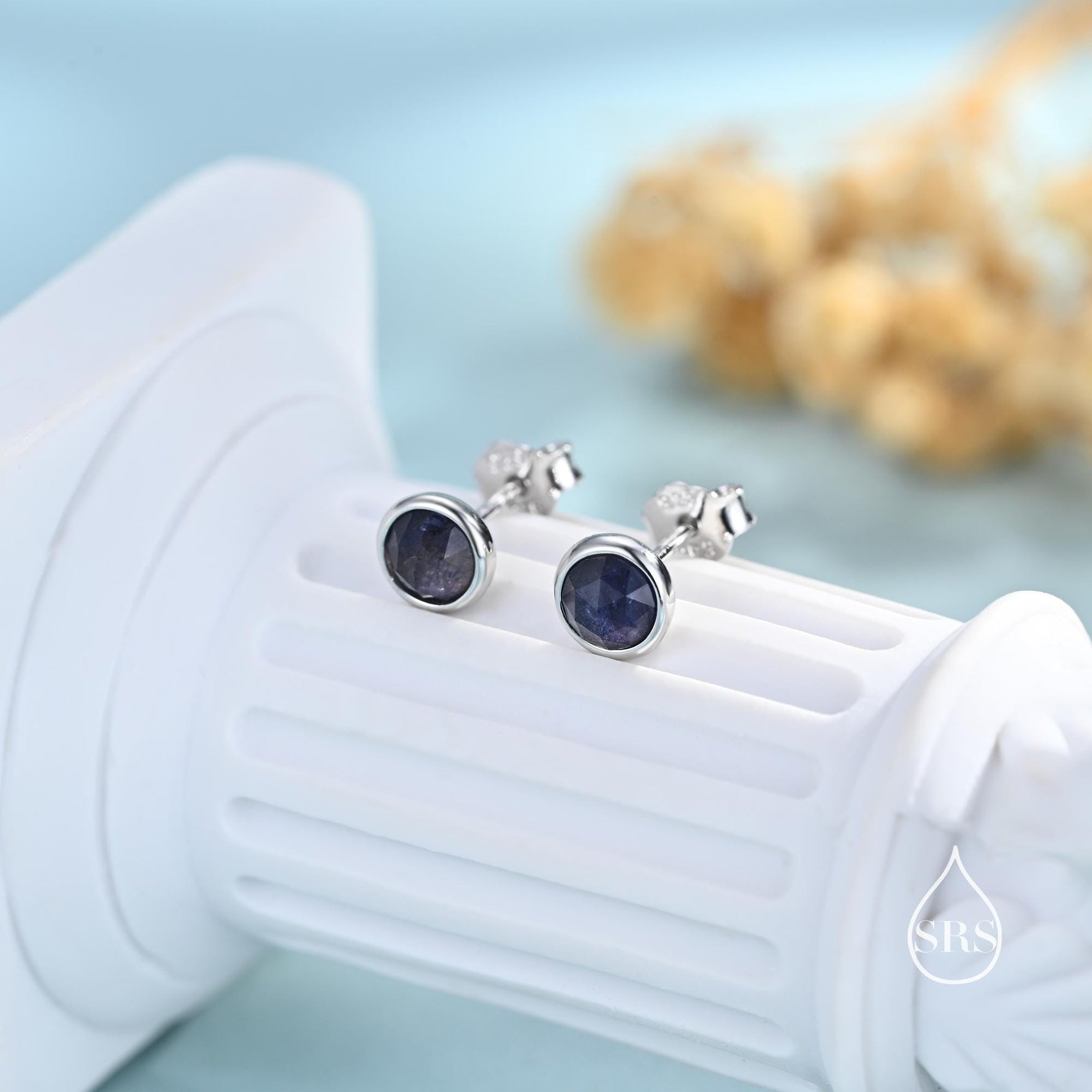 Sterling Silver Dark Iolite Stud Earrings in Sterling Silver, Bezel Set and Rose Cut Iolite, Natural liolite Earrings,