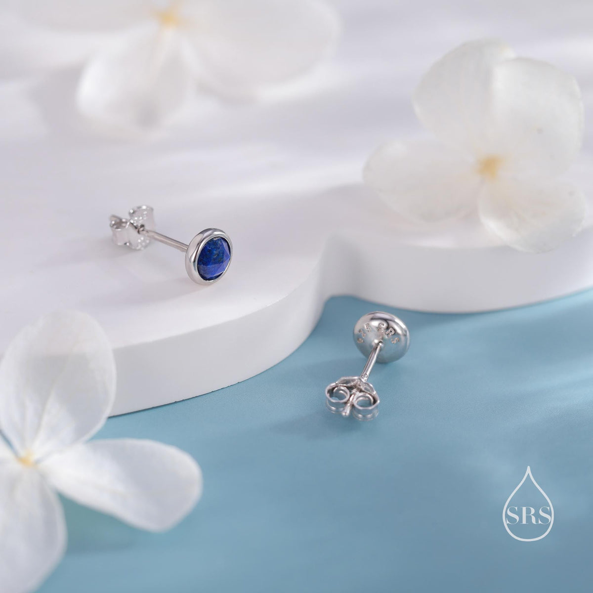Tiny Sterling Silver Lapis Lazuli Stud Earrings in Sterling Silver, 4mm Bezel Set and Rose Cut Lapis Lazuli Stone, Natural Lapis Earrings,