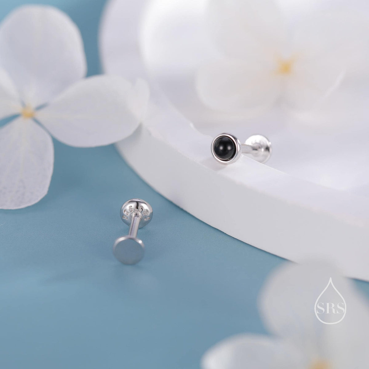 Genuine Black Onyx 16G Internally Threaded Flat Back Earrings in Sterling Silver