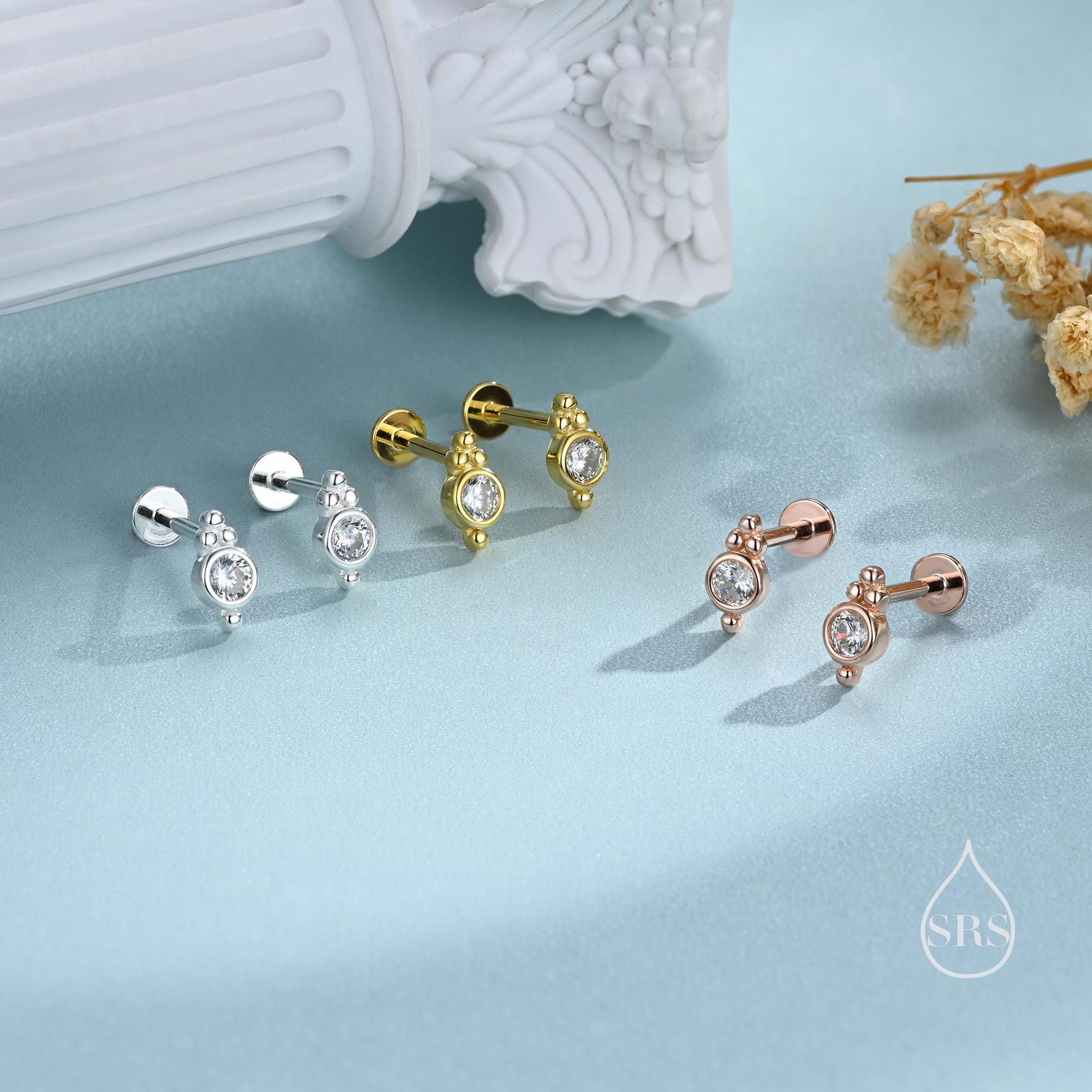 Tiny CZ Crystal with Dot Trio Internally Threaded Flat Back /Screw Back / Stud Earrings, Dot Earrings, Vintage Inspired Design