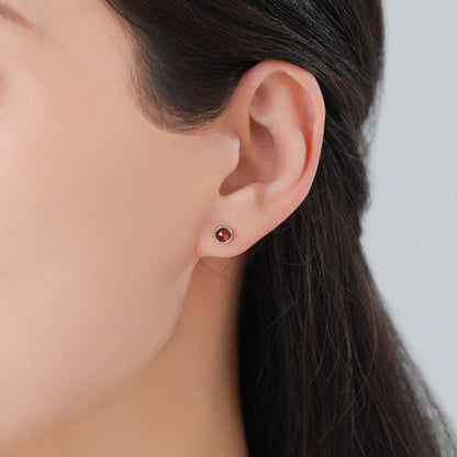 Sterling Silver Genuine Garnet Tiny Stud Earrings, Natural Rose Cut 4mm Red Garnet Stud, Semi-Precious Gemstones, Bezel, January Birthstone