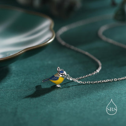 Tiny Blue Tit Bird Pendant Necklace in Sterling Silver, Silver or Gold, Silver Enamel Blue Tit Bird Necklace, Silver Bird Necklace,