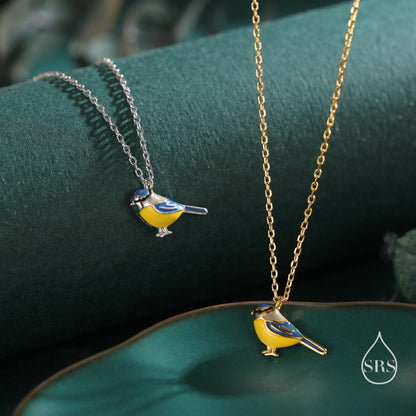 Tiny Blue Tit Bird Pendant Necklace in Sterling Silver, Silver or Gold, Silver Enamel Blue Tit Bird Necklace, Silver Bird Necklace,