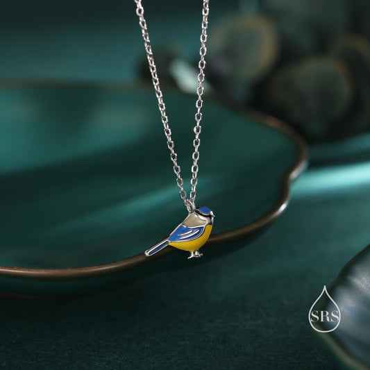 Tiny Blue Tit Bird Pendant Necklace in Sterling Silver, Silver or Gold, Silver Enamel Blue Tit Bird Necklace, Silver Bird Necklace,