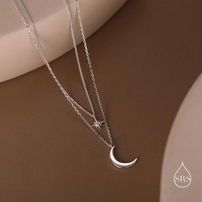 Two Layer Crescent Moon and Star Pendant Necklace in Sterling Silver - Double Layer New Moon and Starburst Necklace