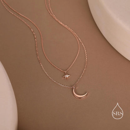 Two Layer Crescent Moon and Star Pendant Necklace in Sterling Silver - Double Layer New Moon and Starburst Necklace