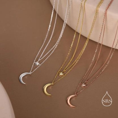 Two Layer Crescent Moon and Star Pendant Necklace in Sterling Silver - Double Layer New Moon and Starburst Necklace