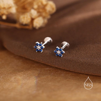 Very Tiny Sapphire Blue CZ Flower Screw Back/ Stud Earrings in Sterling Silver, Silver or Gold, Crystal Flower Earrings, Stacking Earrings