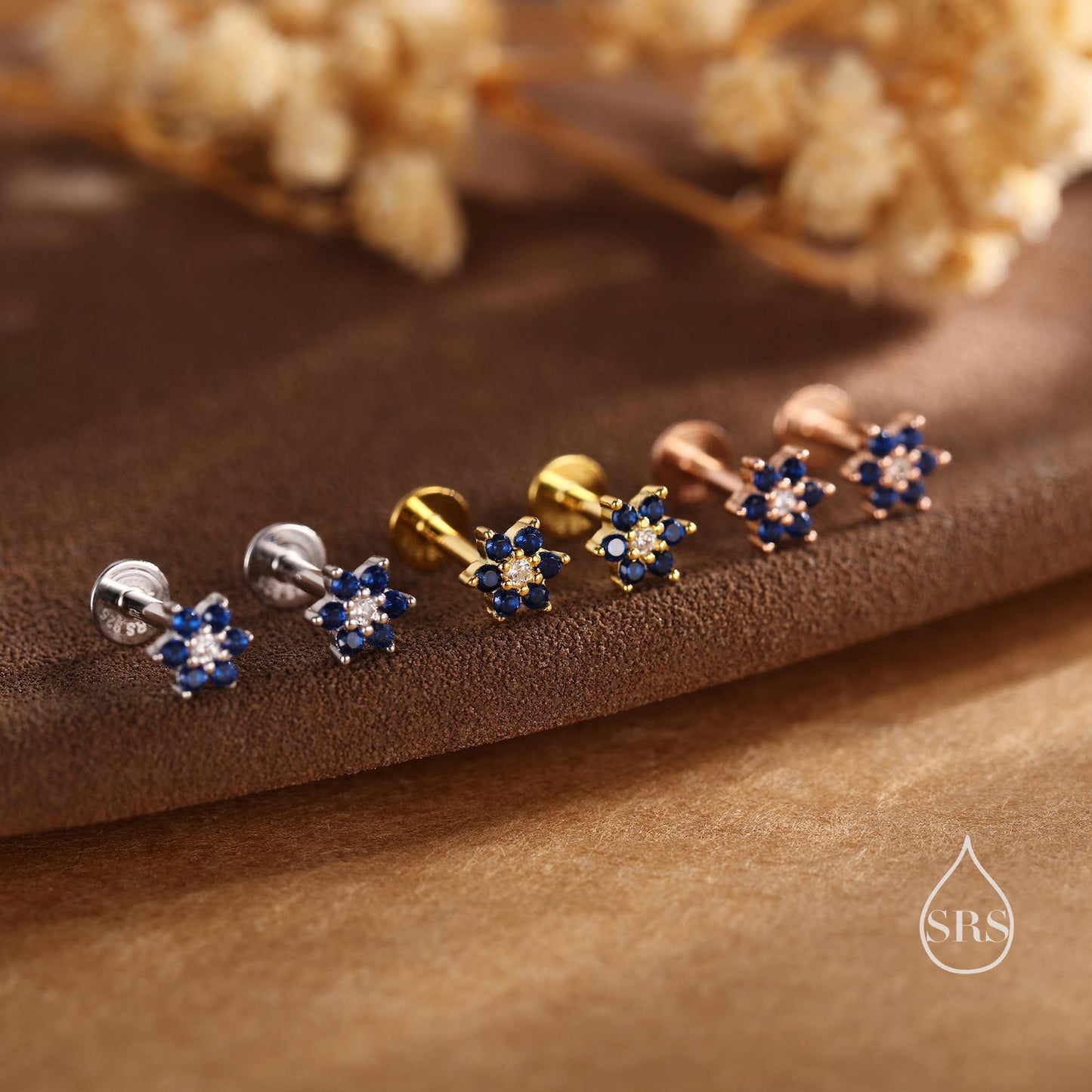 Very Tiny Sapphire Blue CZ Flower Screw Back/ Stud Earrings in Sterling Silver, Silver or Gold, Crystal Flower Earrings, Stacking Earrings