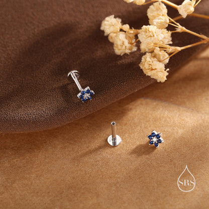 Tiny Sapphire Blue CZ Flower Internally Threaded Flat Back /Screw Back/ Stud Earrings in Sterling Silver, Silver or Gold or Rose Gold