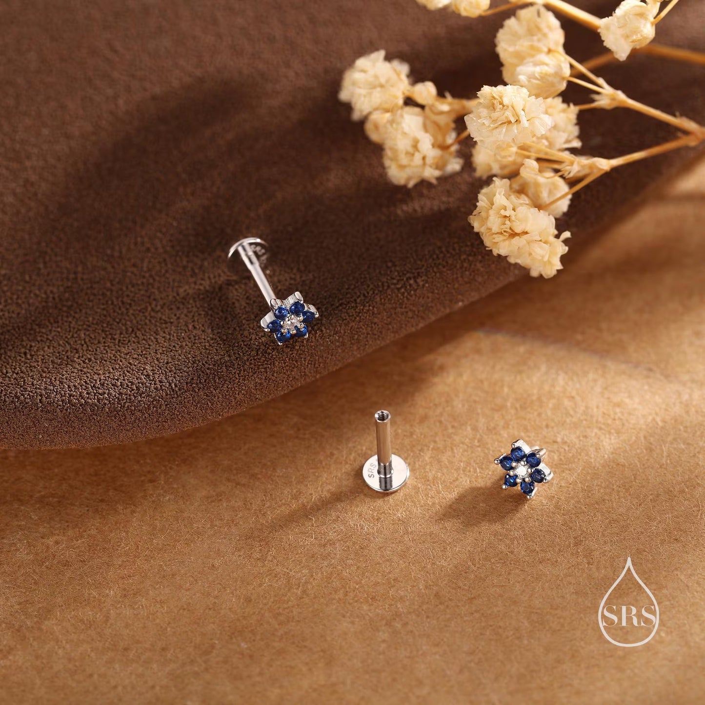 Very Tiny Sapphire Blue CZ Flower Screw Back/ Stud Earrings in Sterling Silver, Silver or Gold, Crystal Flower Earrings, Stacking Earrings